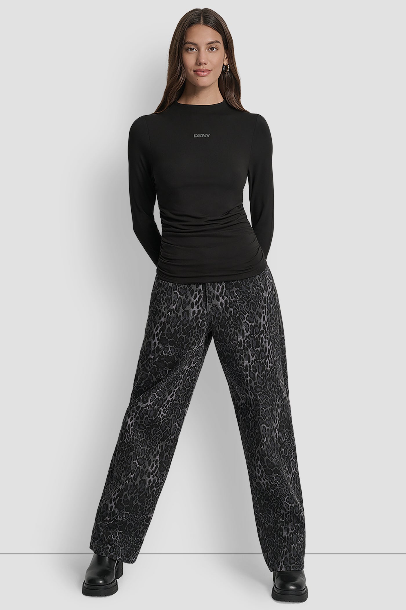 SIDE RUCHED HIGH NECK LONG SLEEVE TOP WITH RHINESTONE