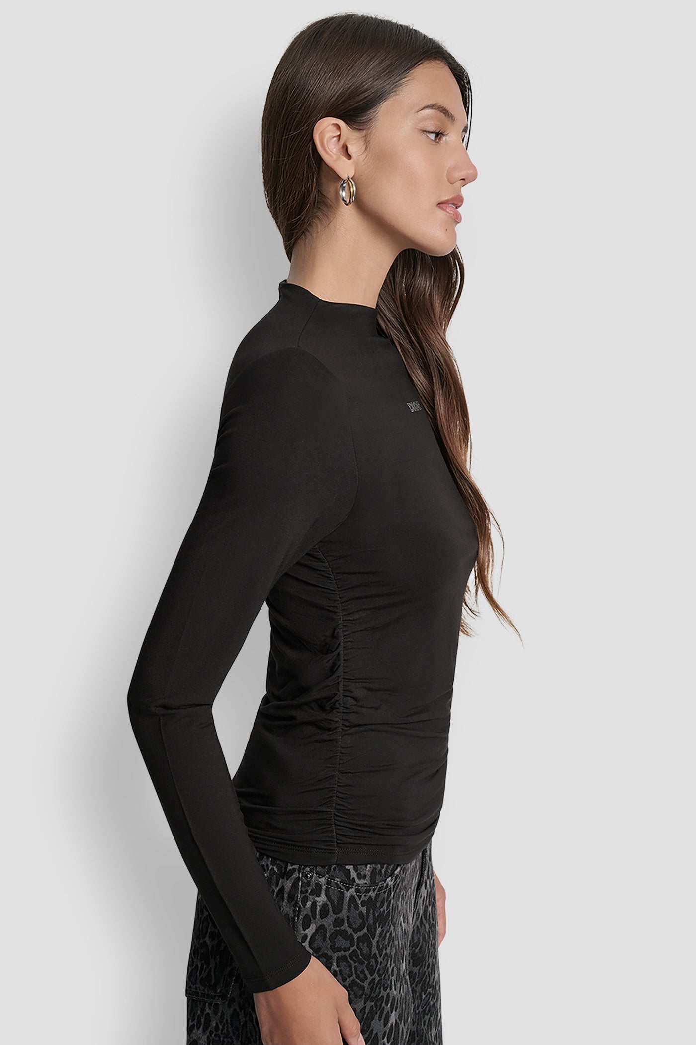 SIDE RUCHED HIGH NECK LONG SLEEVE TOP WITH RHINESTONE