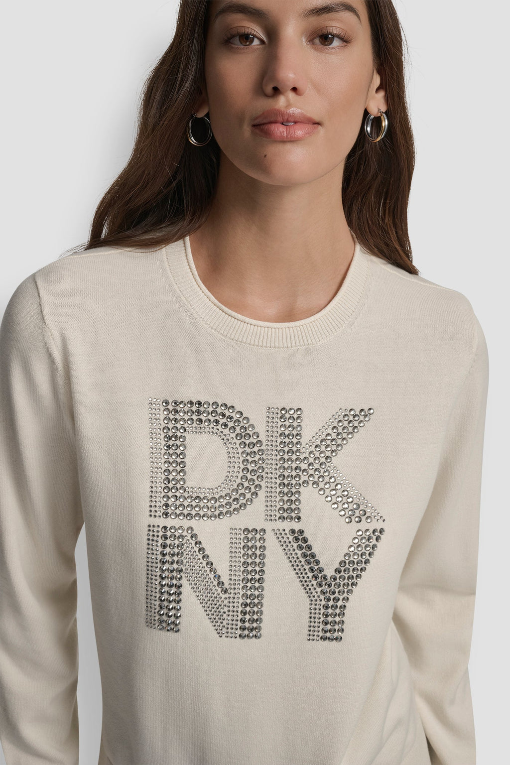 DKNY STACKED RHINESTONE LOGO LONG SLEEVE CREW NECK