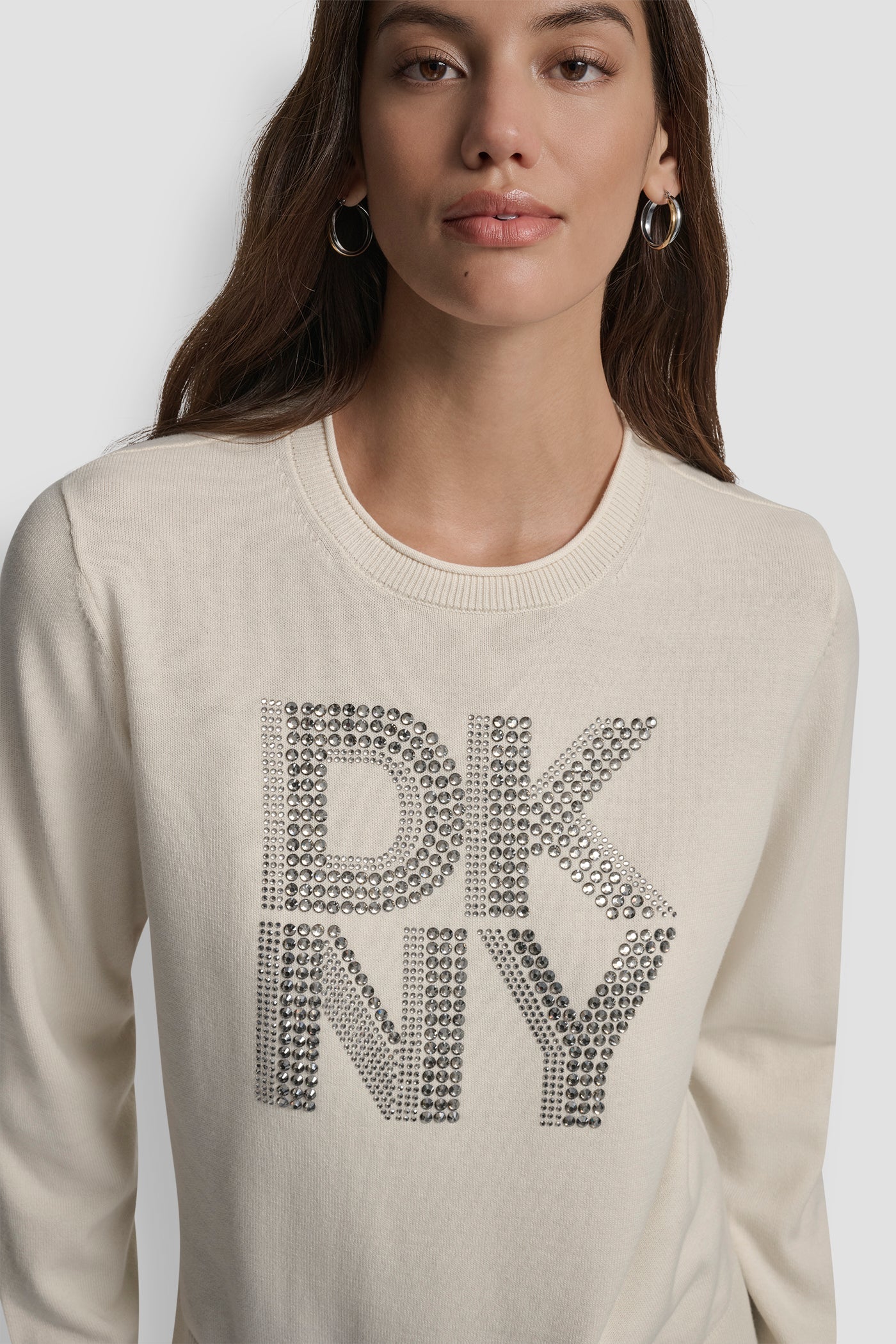 DKNY STACKED RHINESTONE LOGO LONG SLEEVE CREW NECK