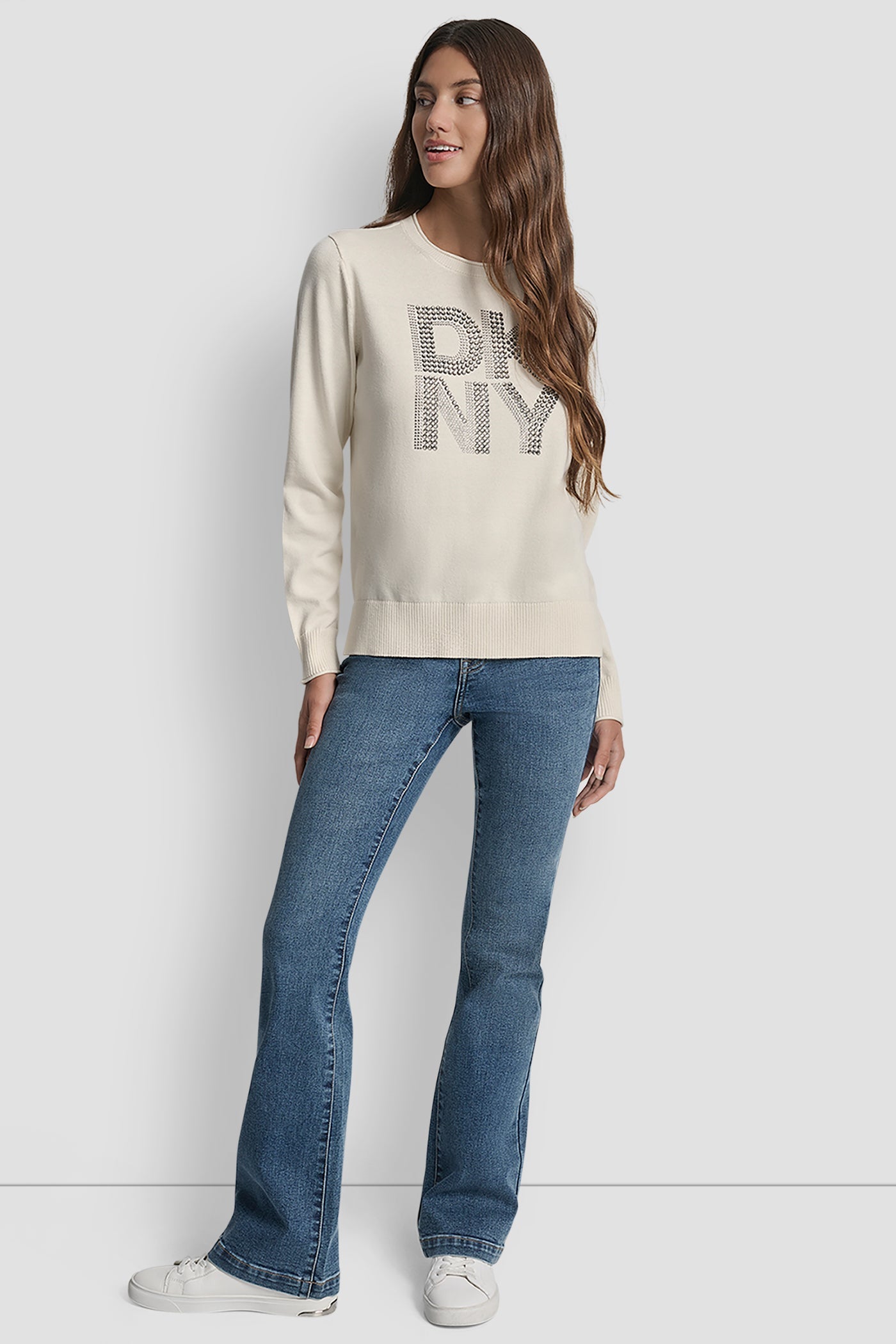 DKNY STACKED RHINESTONE LOGO LONG SLEEVE CREW NECK