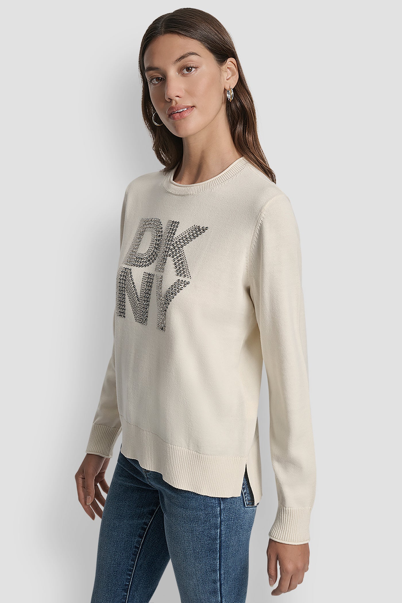 DKNY STACKED RHINESTONE LOGO LONG SLEEVE CREW NECK
