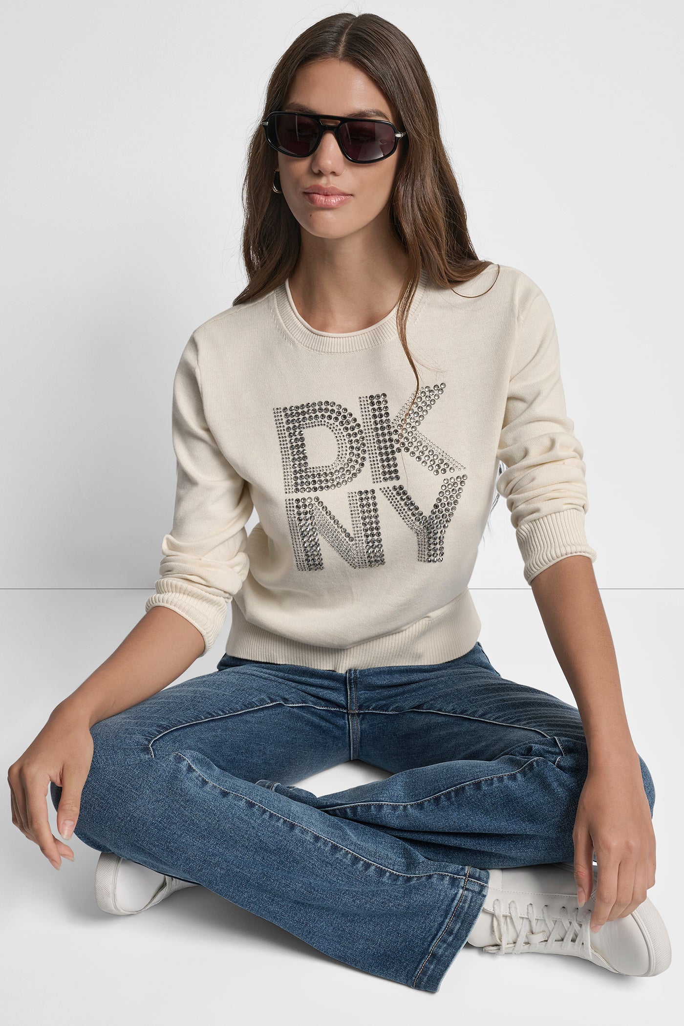 DKNY STACKED RHINESTONE LOGO LONG SLEEVE CREW NECK