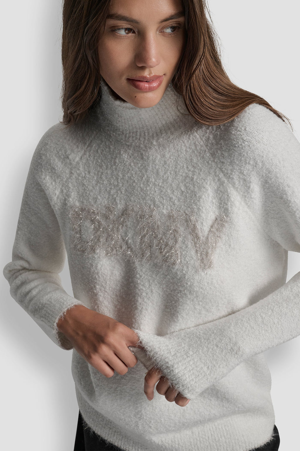 DKNY TINSEL LOGO LONG SLEEVE RAGLAN SWEATER