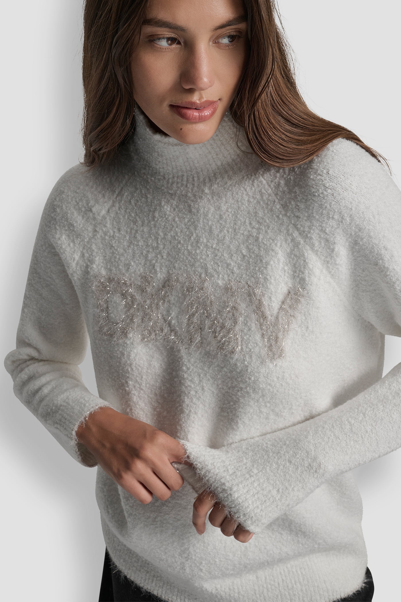 DKNY TINSEL LOGO LONG SLEEVE RAGLAN SWEATER