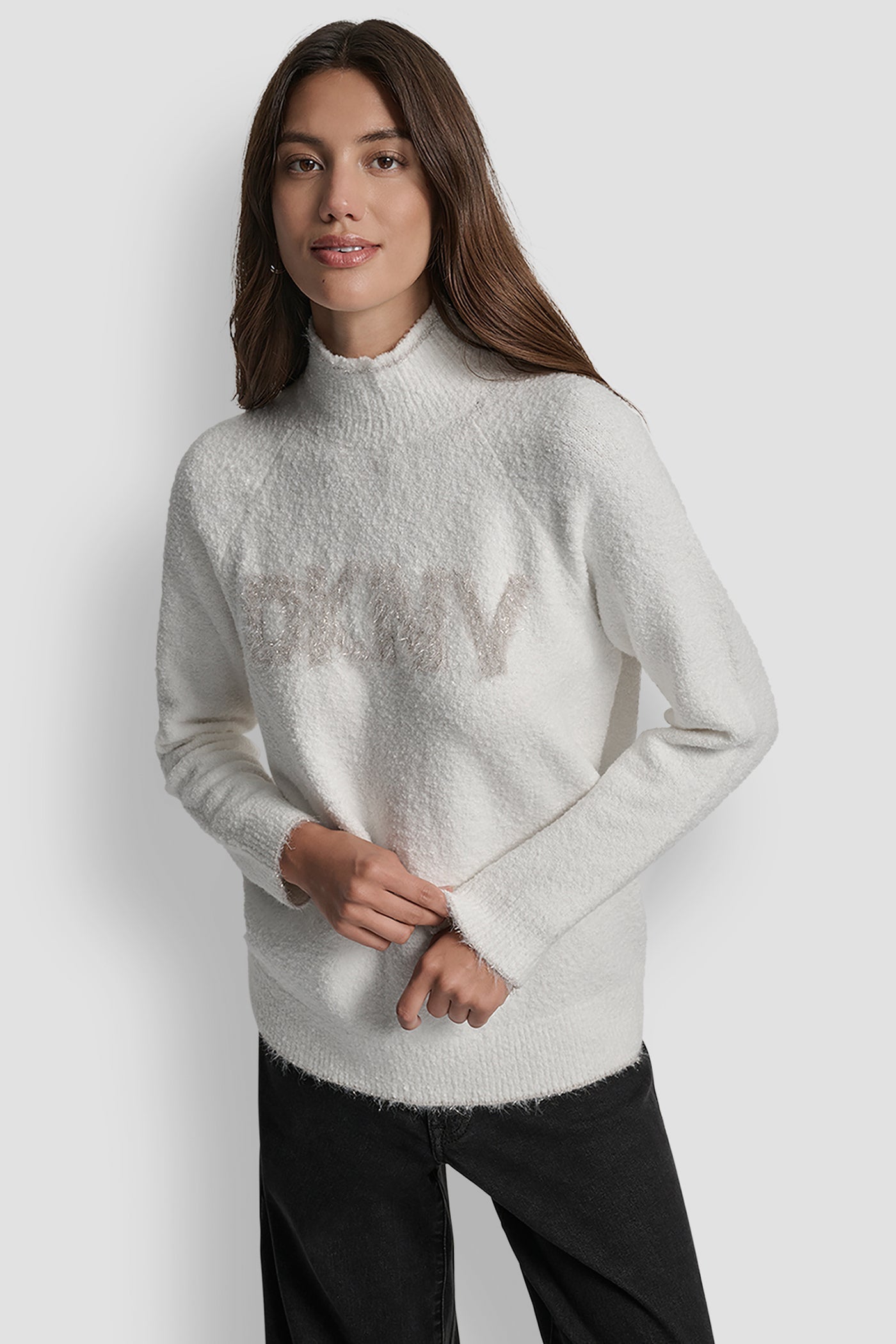 DKNY TINSEL LOGO LONG SLEEVE RAGLAN SWEATER