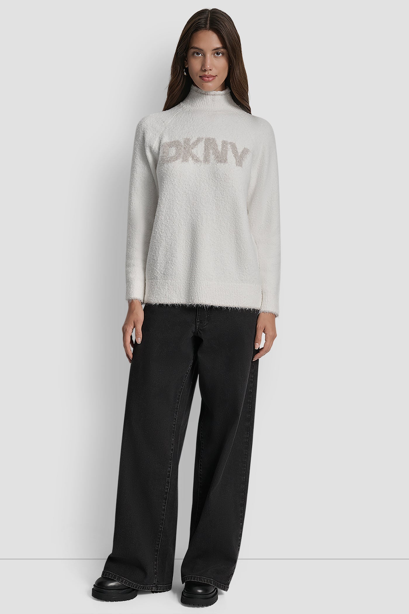 DKNY TINSEL LOGO LONG SLEEVE RAGLAN SWEATER