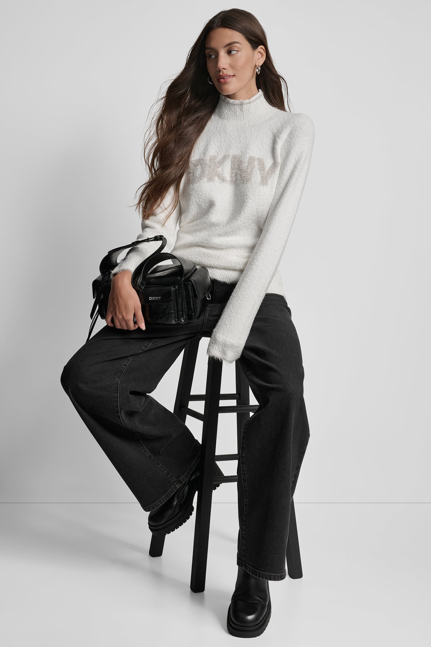 DKNY TINSEL LOGO LONG SLEEVE RAGLAN SWEATER