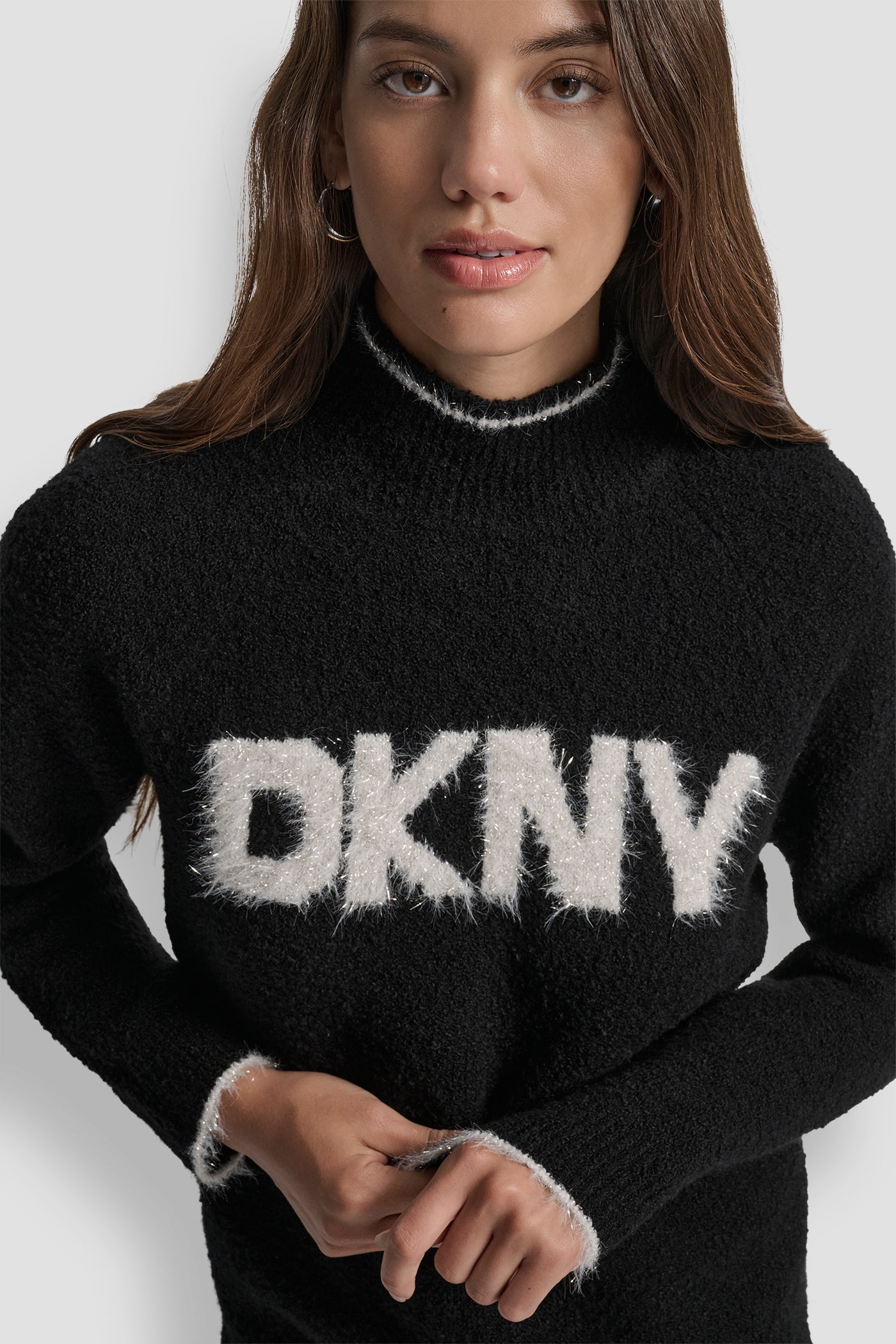 DKNY TINSEL LOGO LONG SLEEVE RAGLAN SWEATER
