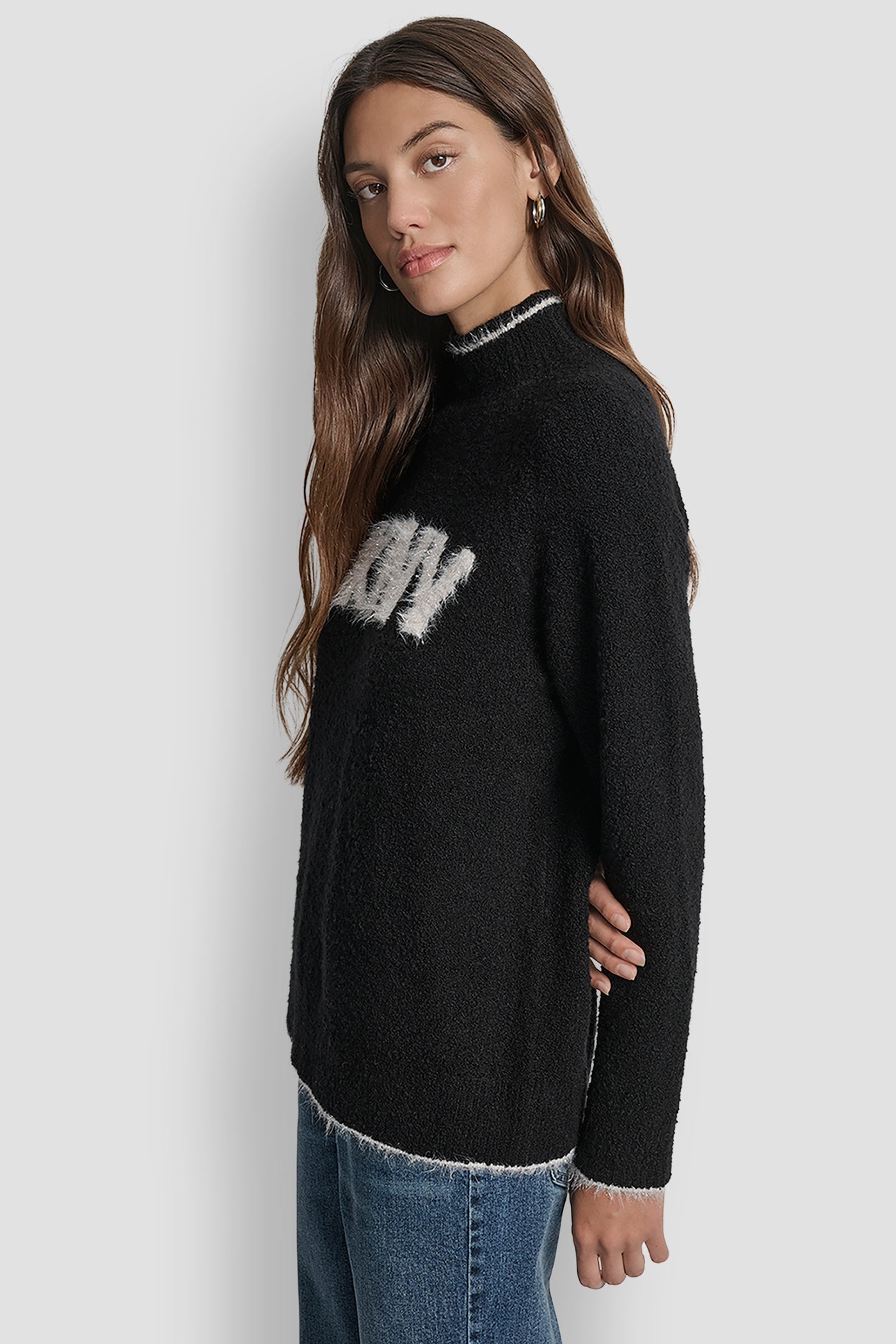 DKNY TINSEL LOGO LONG SLEEVE RAGLAN SWEATER