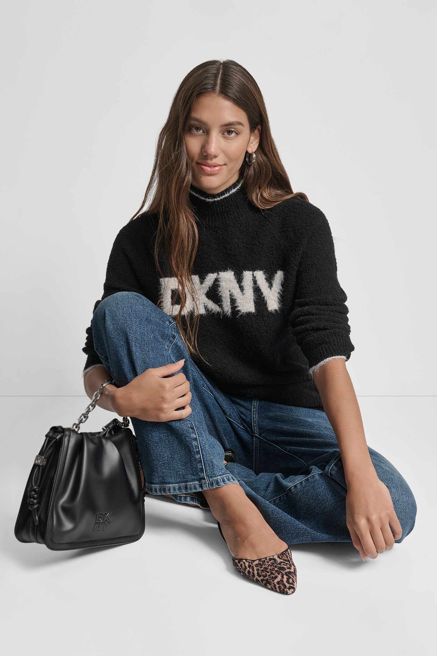 DKNY TINSEL LOGO LONG SLEEVE RAGLAN SWEATER