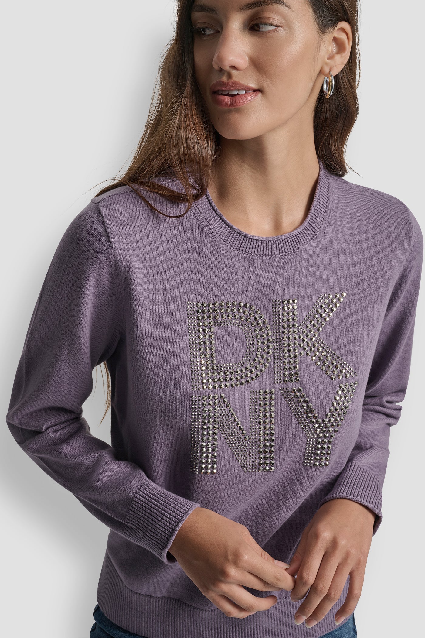 DKNY STACKED RHINESTONE LOGO LONG SLEEVE CREW NECK