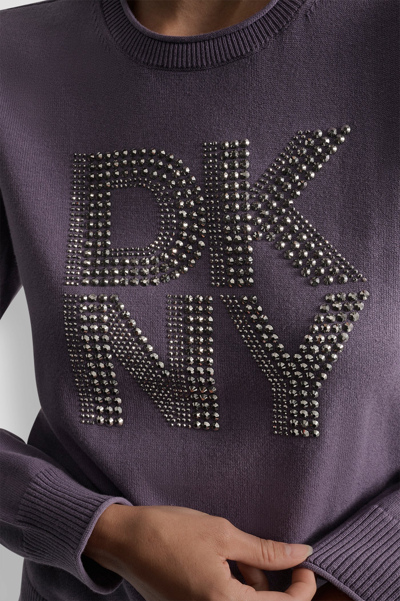 DKNY STACKED RHINESTONE LOGO LONG SLEEVE CREW NECK