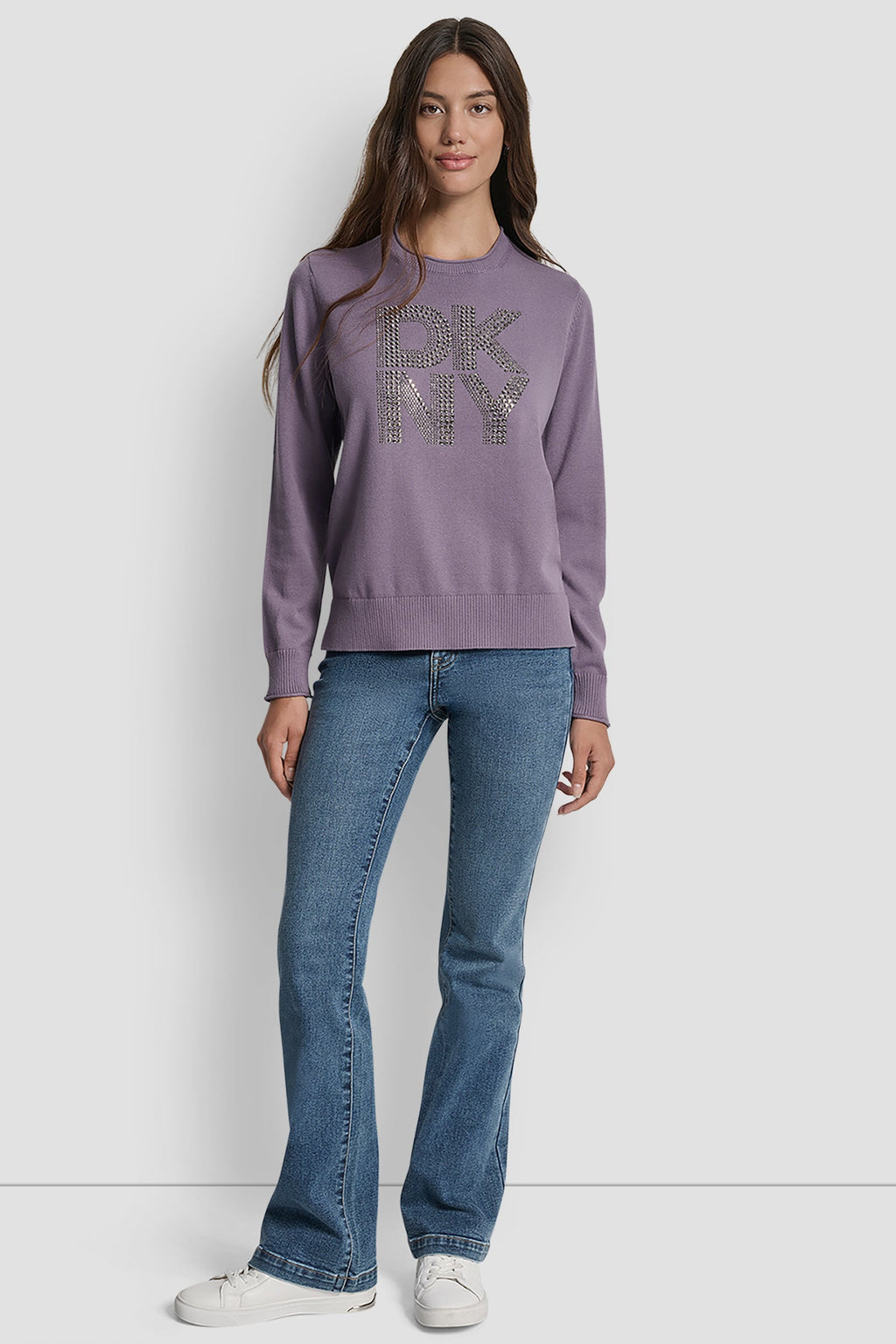 DKNY STACKED RHINESTONE LOGO LONG SLEEVE CREW NECK