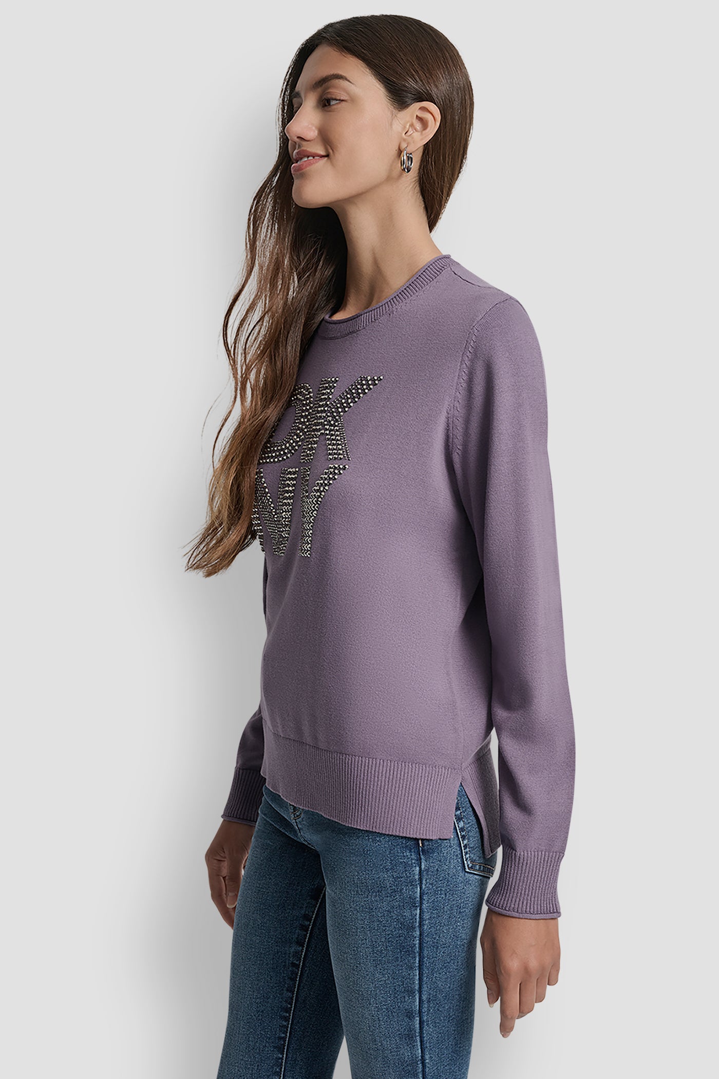 DKNY STACKED RHINESTONE LOGO LONG SLEEVE CREW NECK