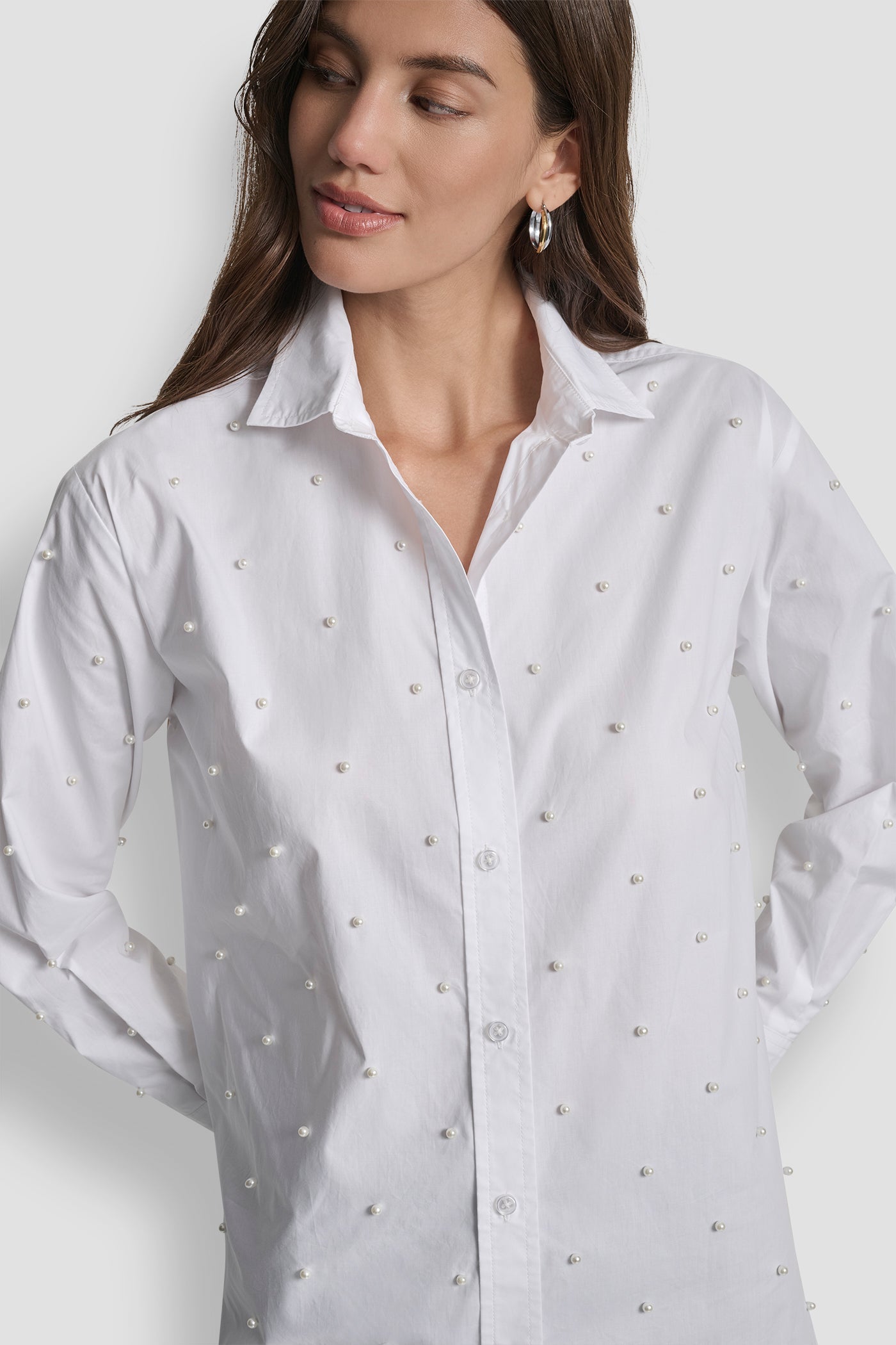 PEARL EMBELLISHED LONG SLEEVE BUTTON FRONT SHIRT
