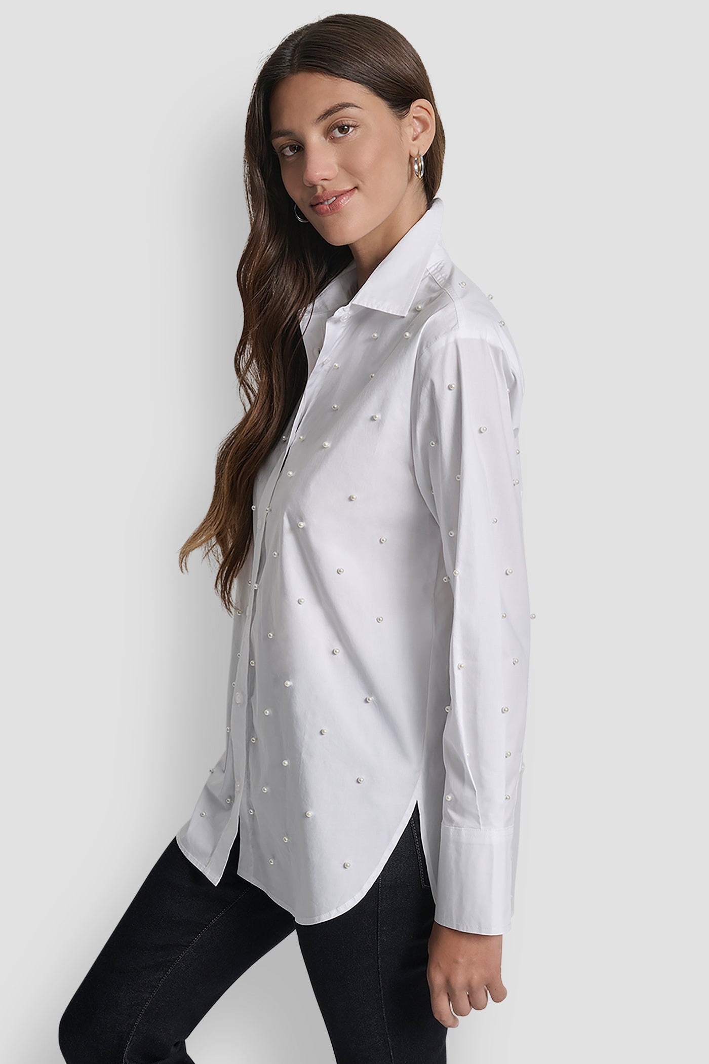 PEARL EMBELLISHED LONG SLEEVE BUTTON FRONT SHIRT