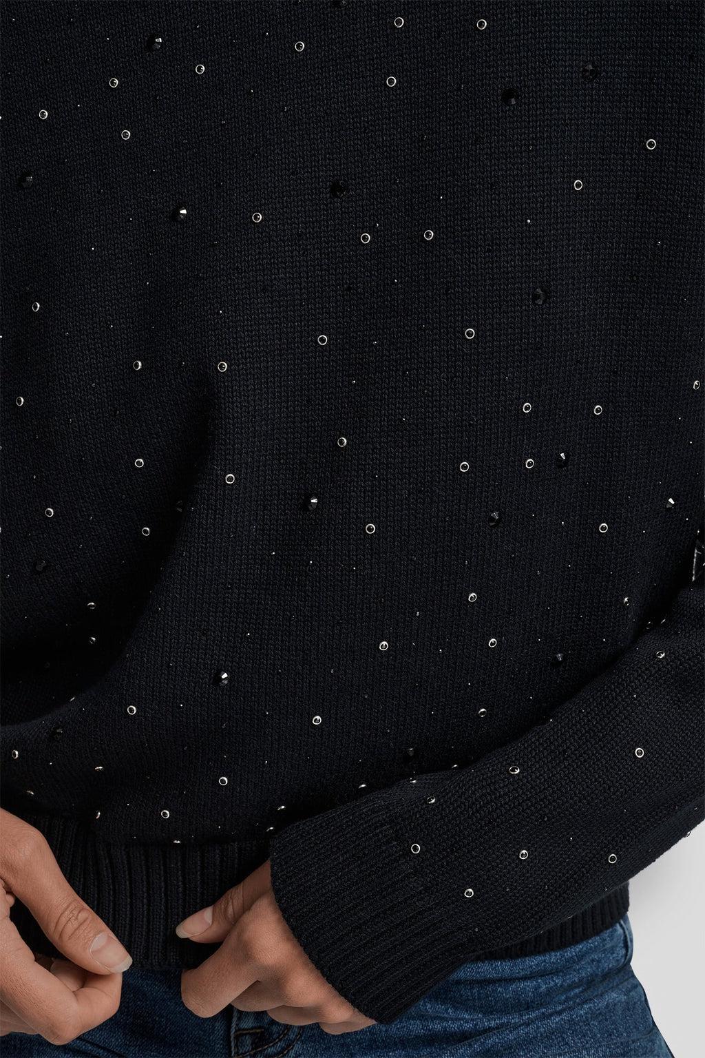 LONG SLEEVE RHINESTONE CREW NECK SWEATER
