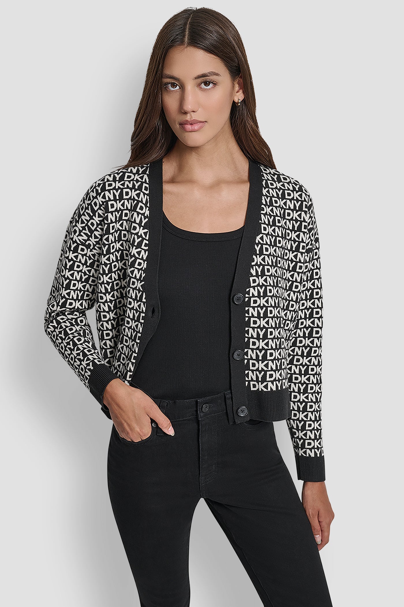 LOGO JACQUARD LONG SLEEVE V-NECK CARDIGAN