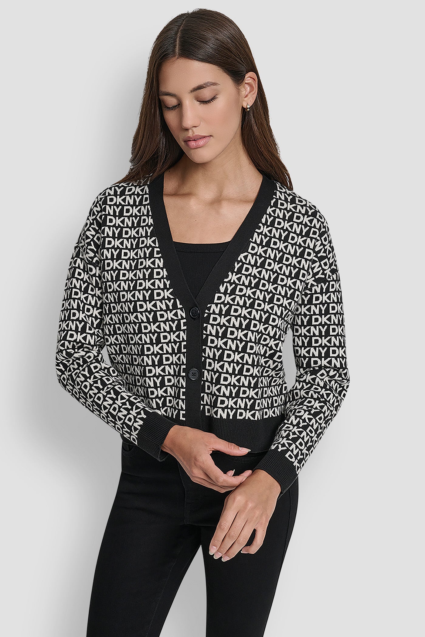 LOGO JACQUARD LONG SLEEVE V-NECK CARDIGAN