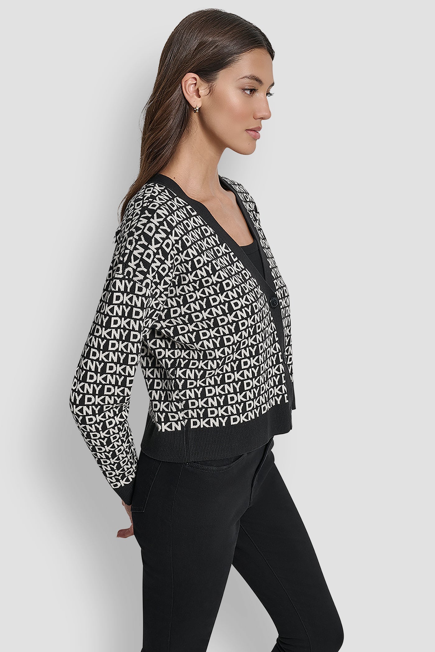 LOGO JACQUARD LONG SLEEVE V-NECK CARDIGAN