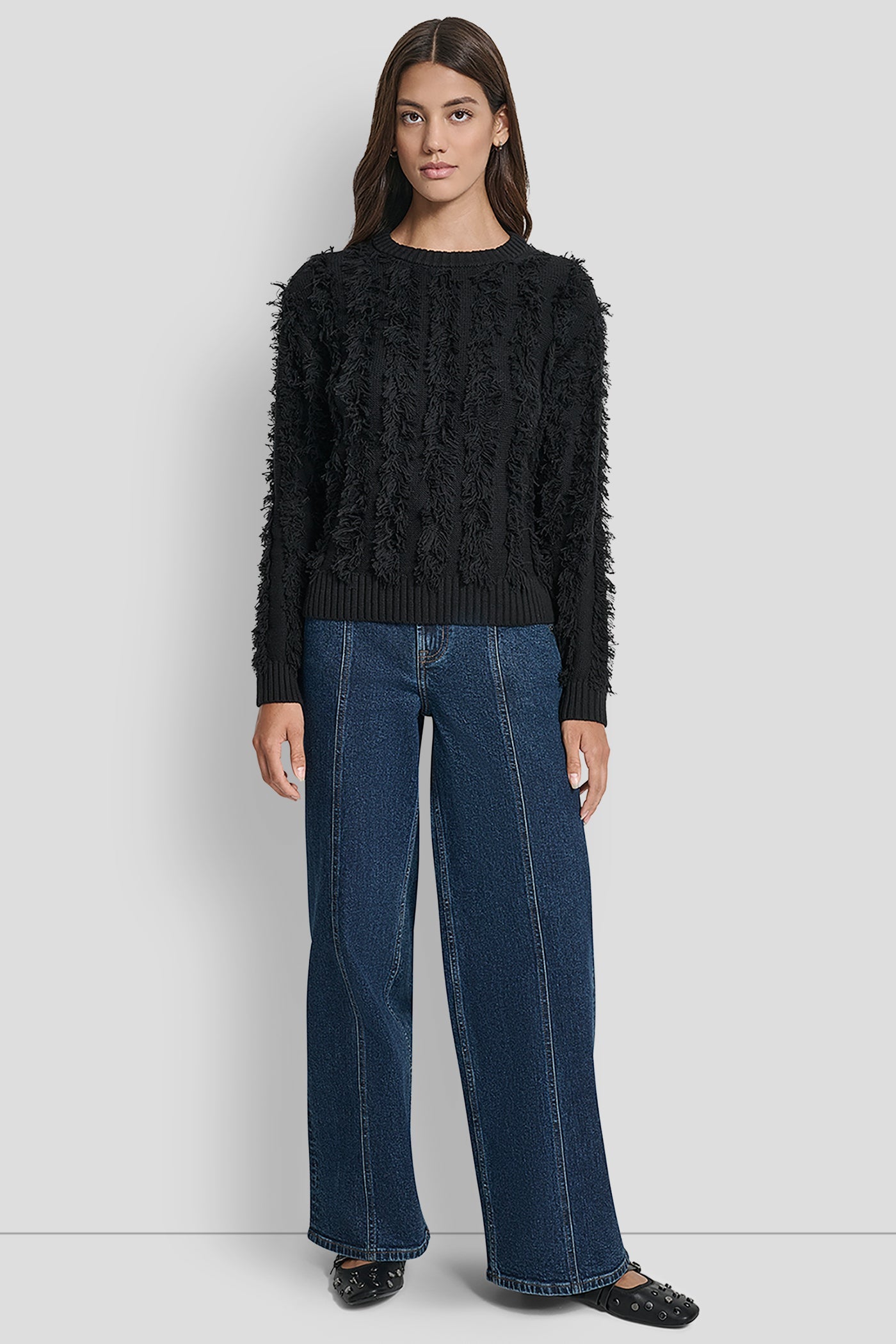 LONG SLEEVE CREW NECK WITH FRINGE STITCHING