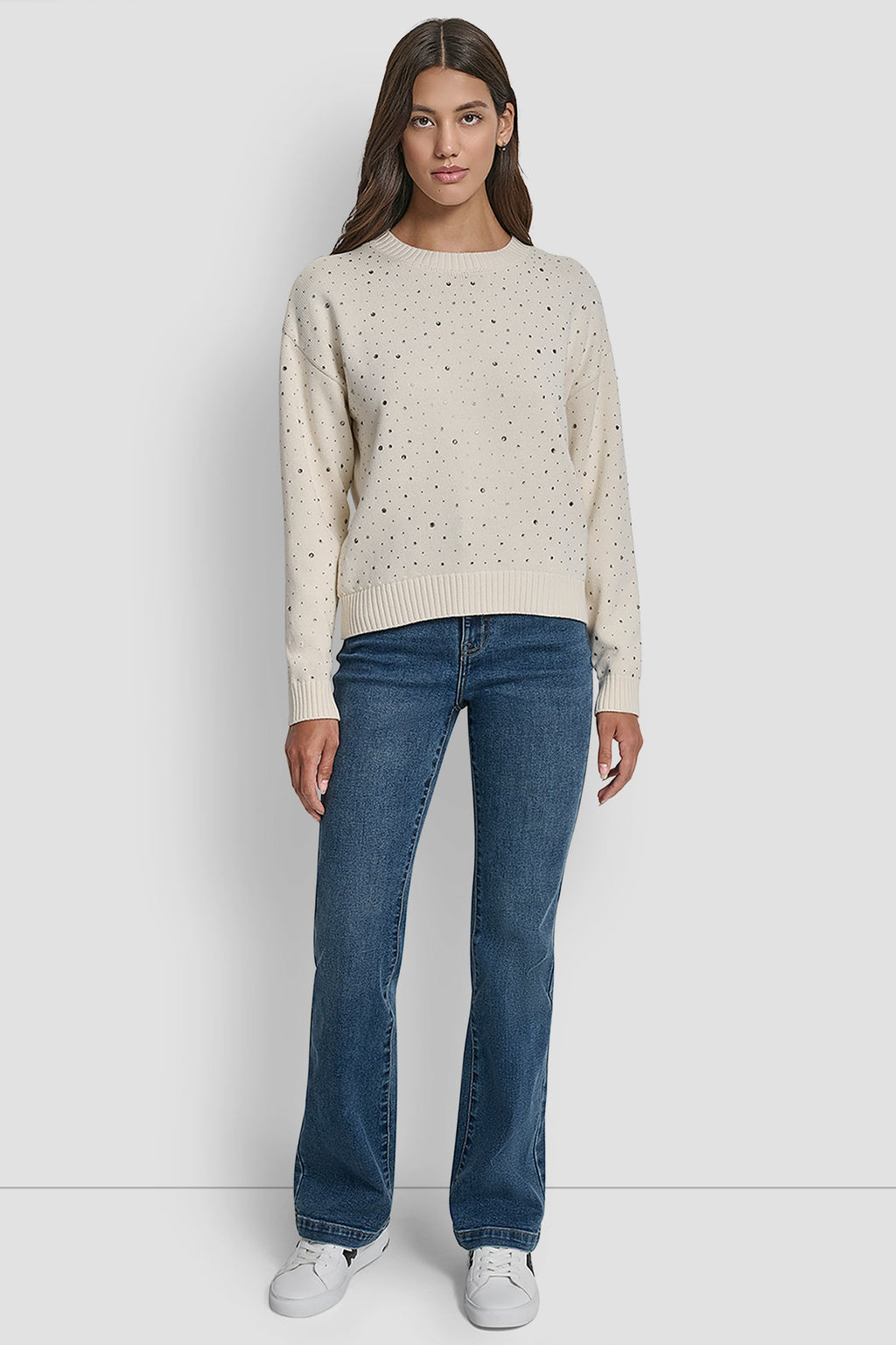 LONG SLEEVE RHINESTONE CREW NECK SWEATER