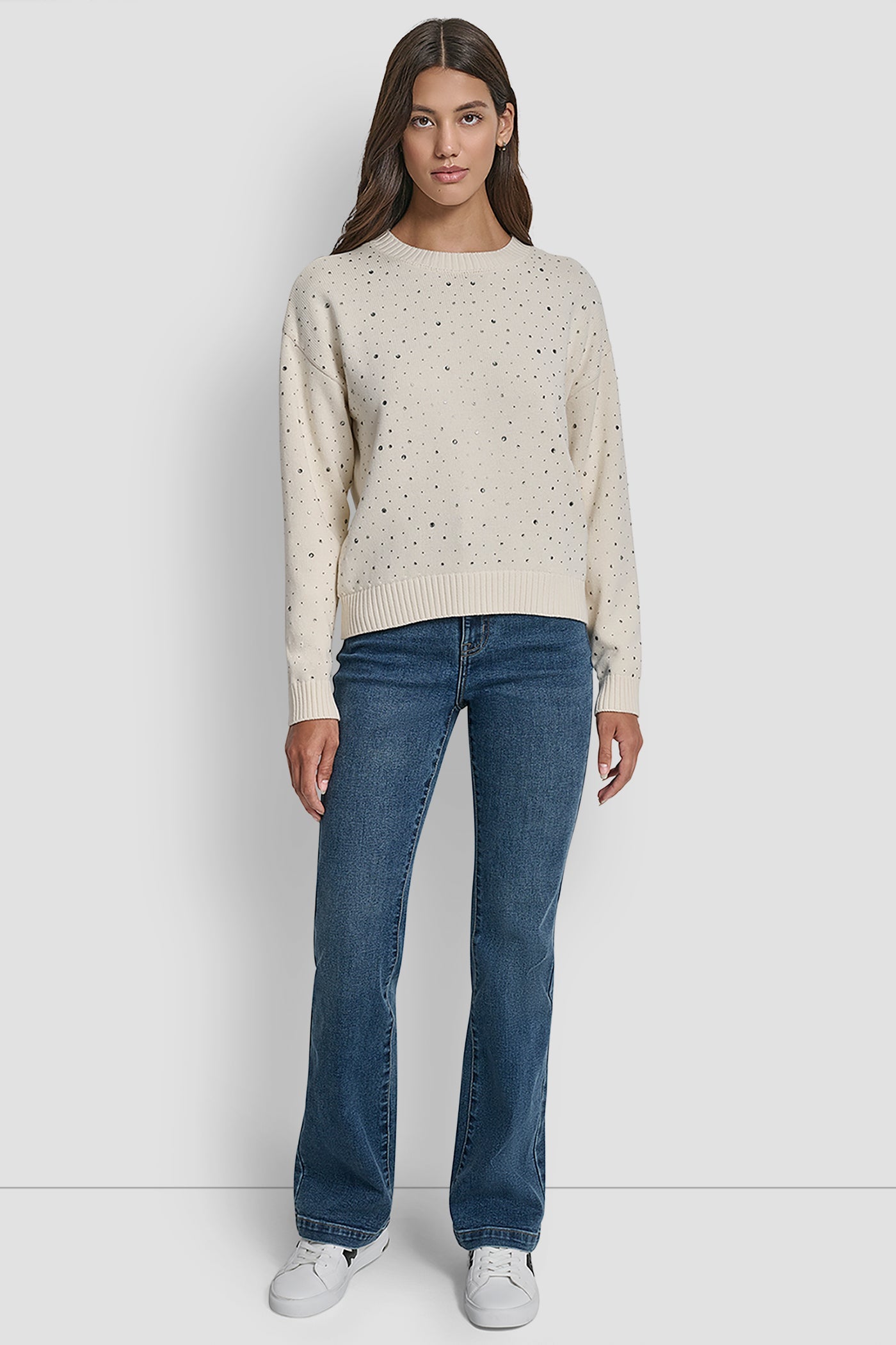LONG SLEEVE RHINESTONE CREW NECK SWEATER