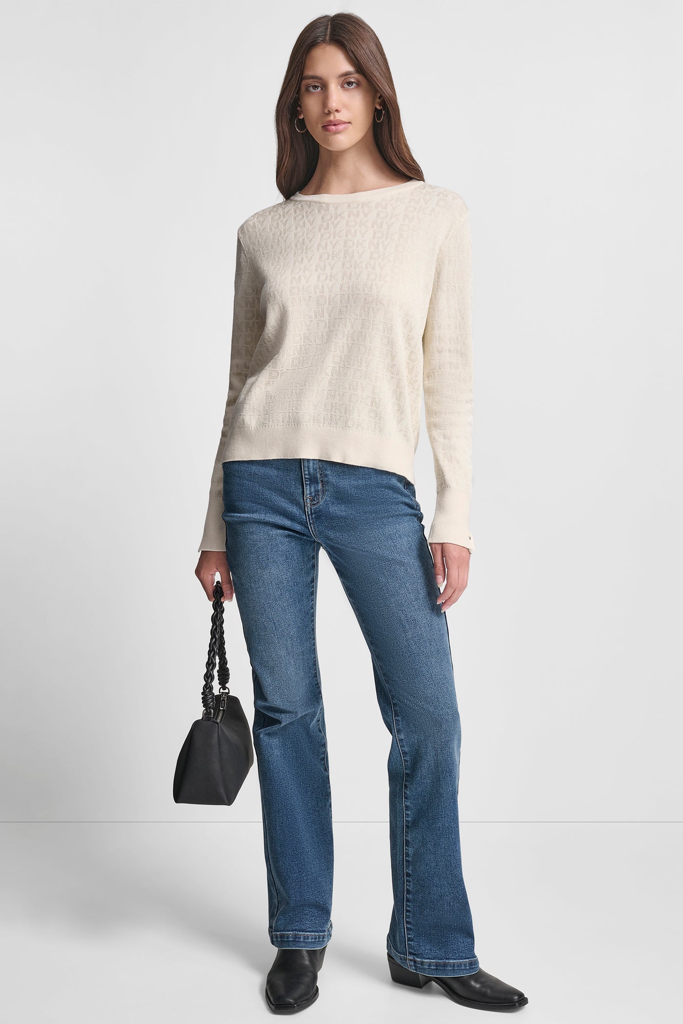 LONG SLEEVE CREW NECK LOGO SWEATER WITH CUFF SLIT