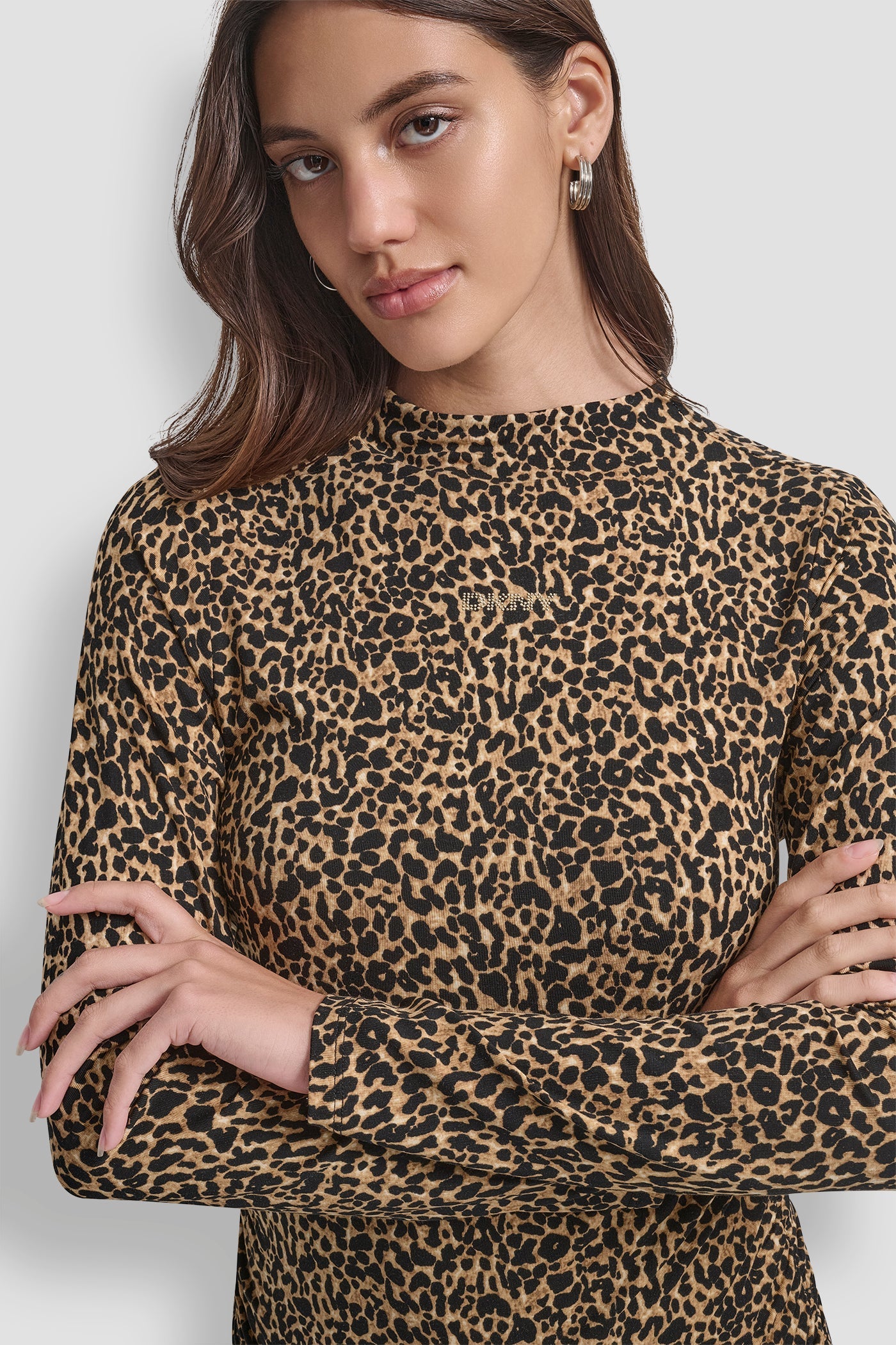 SIDE RUCHED HIGH NECK LONG SLEEVE TOP WITH RHINESTONE
