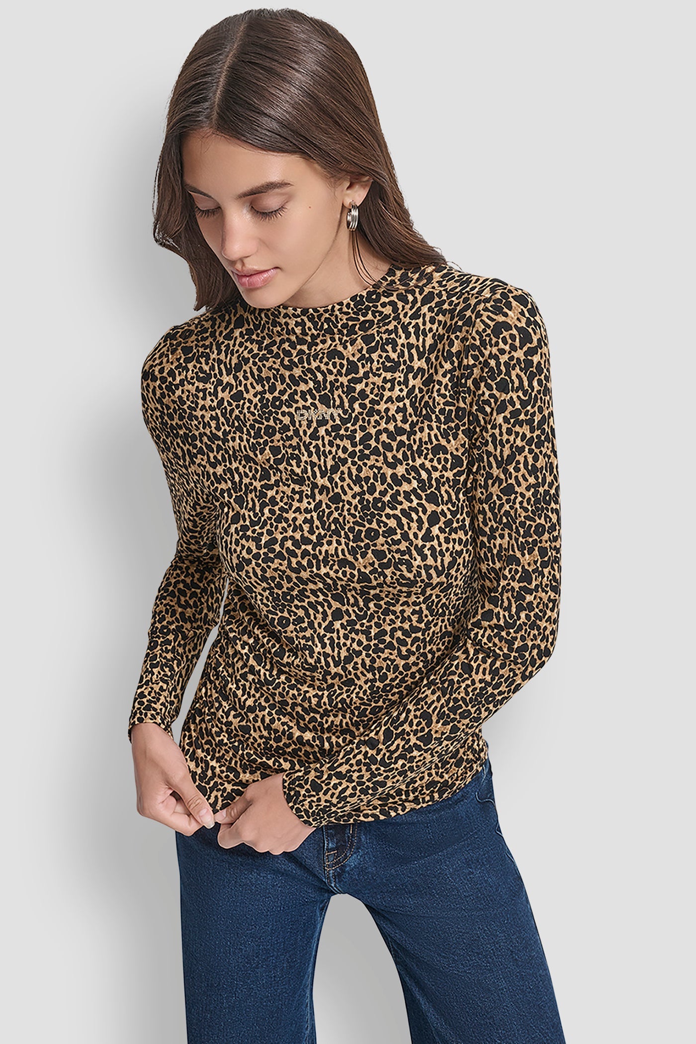 SIDE RUCHED HIGH NECK LONG SLEEVE TOP WITH RHINESTONE