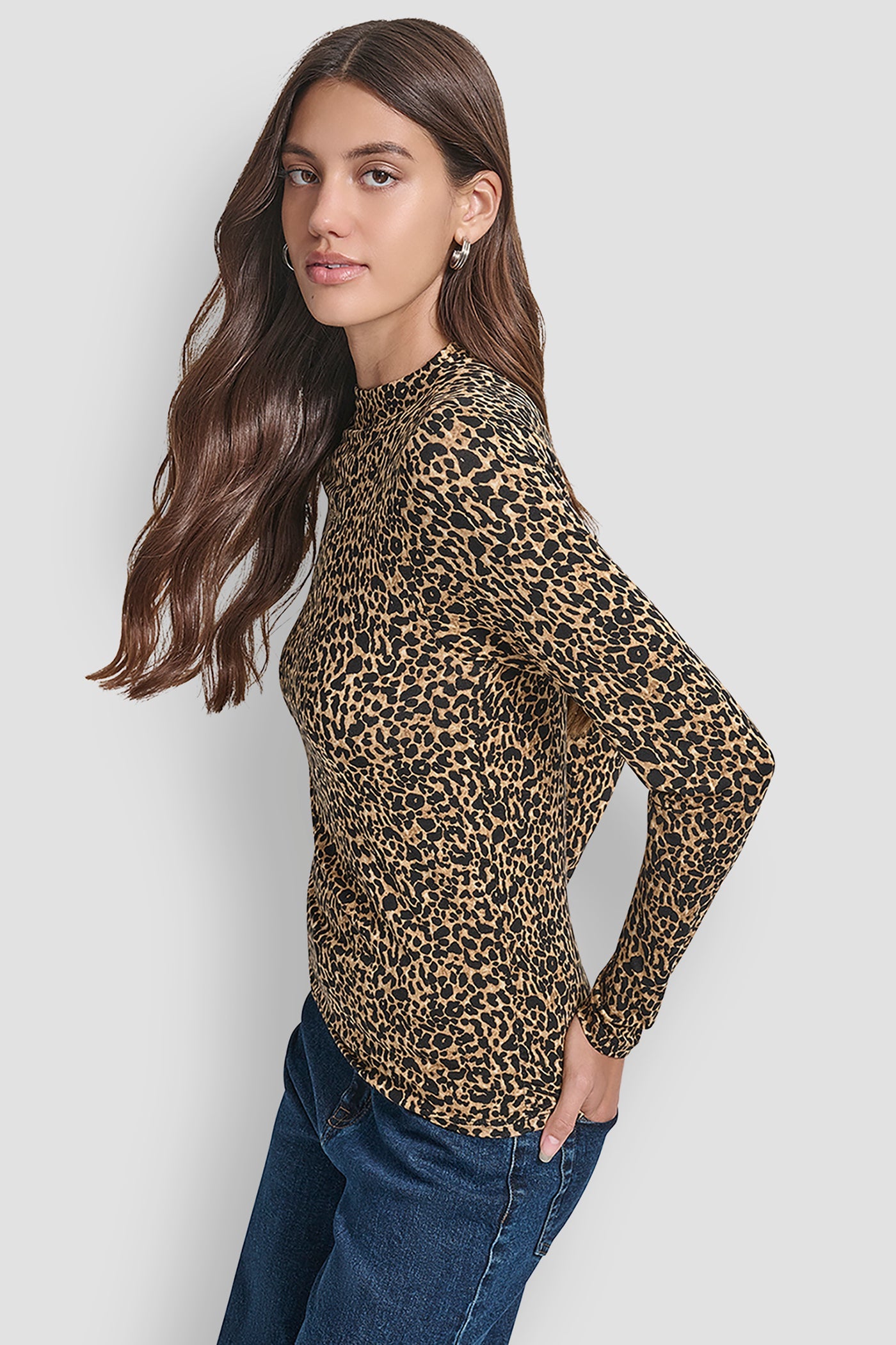 SIDE RUCHED HIGH NECK LONG SLEEVE TOP WITH RHINESTONE