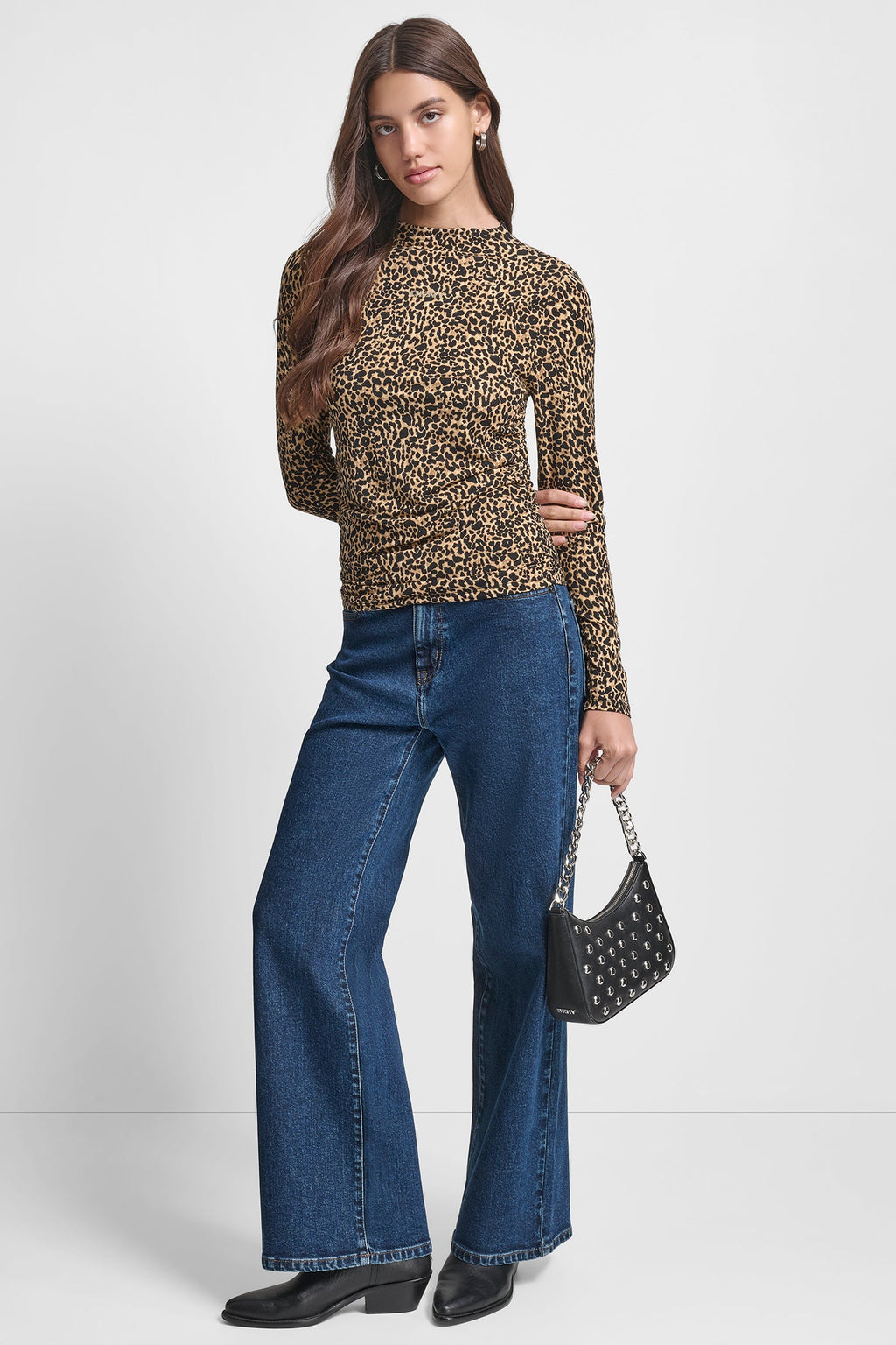 SIDE RUCHED HIGH NECK LONG SLEEVE TOP WITH RHINESTONE