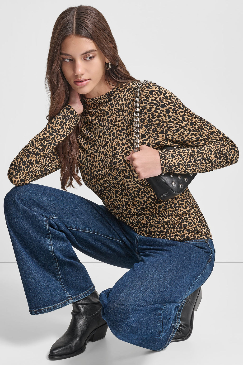 SIDE RUCHED HIGH NECK LONG SLEEVE TOP WITH RHINESTONE