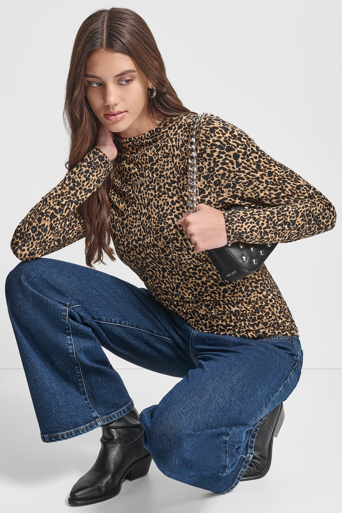 SIDE RUCHED HIGH NECK LONG SLEEVE TOP WITH RHINESTONE