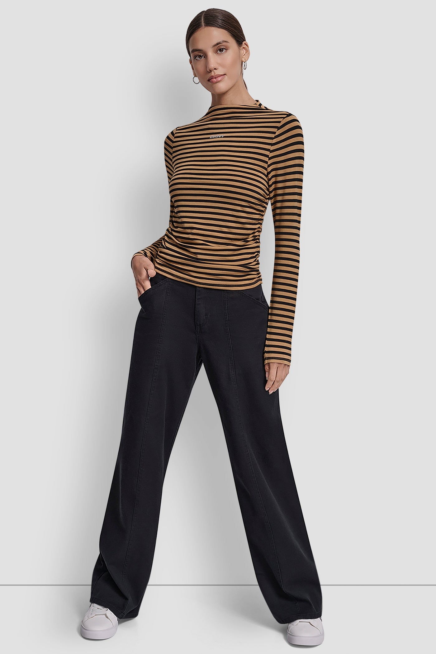 SIDE RUCHED HIGH NECK LONG SLEEVE TOP WITH RHINESTONE