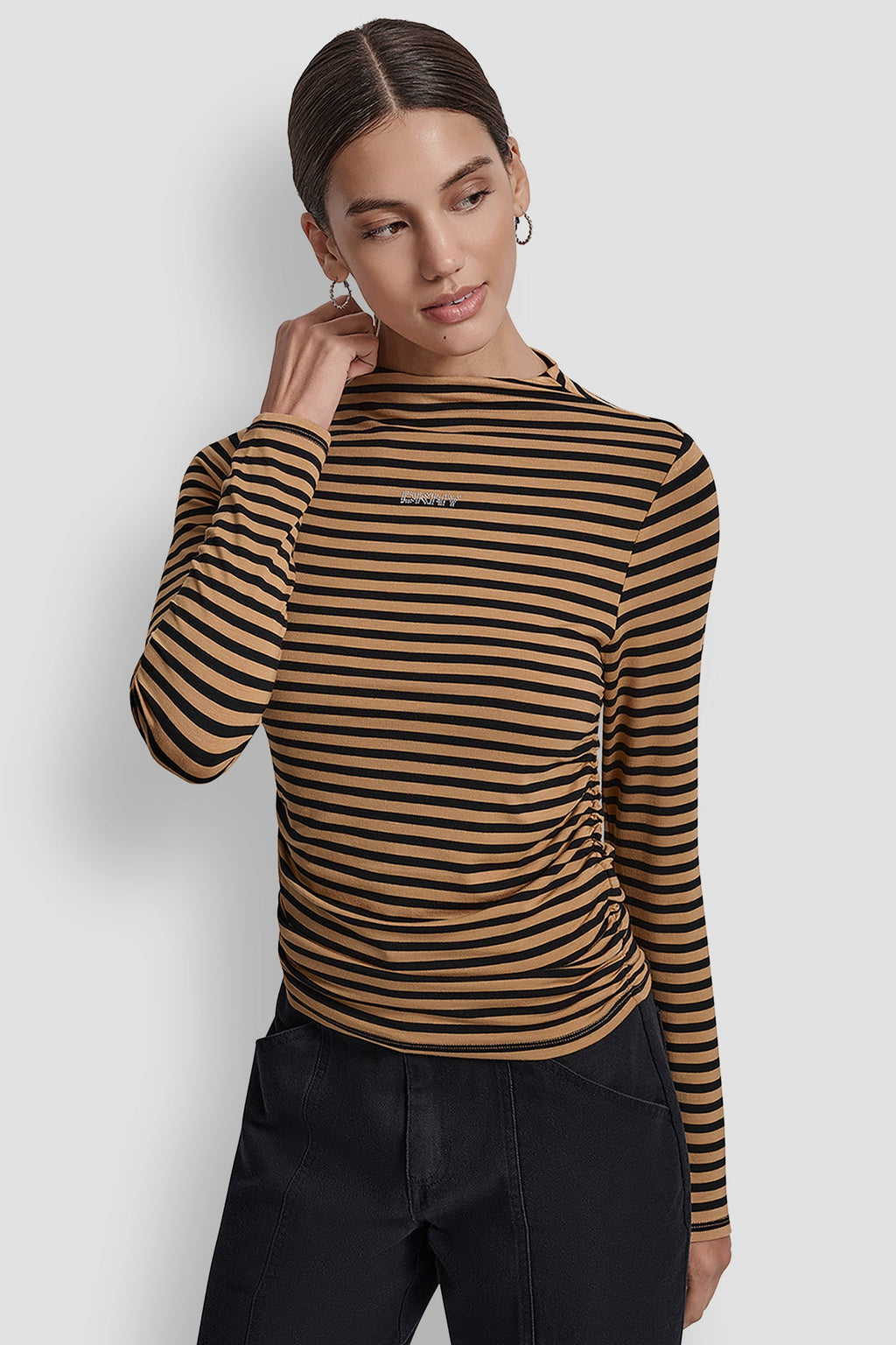 SIDE RUCHED HIGH NECK LONG SLEEVE TOP WITH RHINESTONE