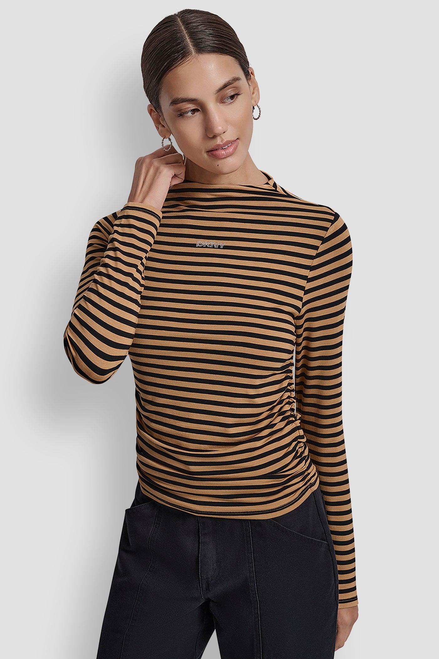 SIDE RUCHED HIGH NECK LONG SLEEVE TOP WITH RHINESTONE