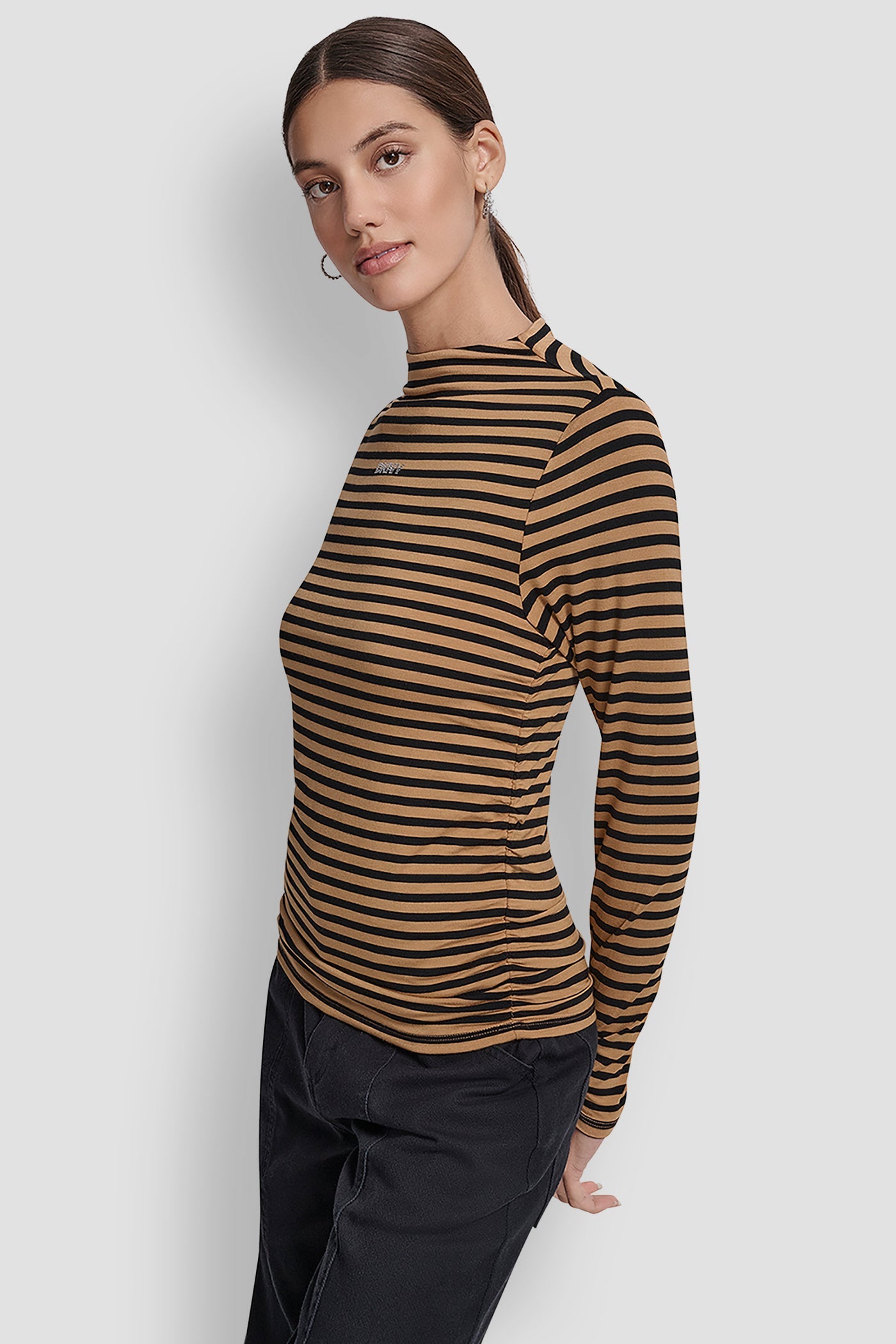 SIDE RUCHED HIGH NECK LONG SLEEVE TOP WITH RHINESTONE