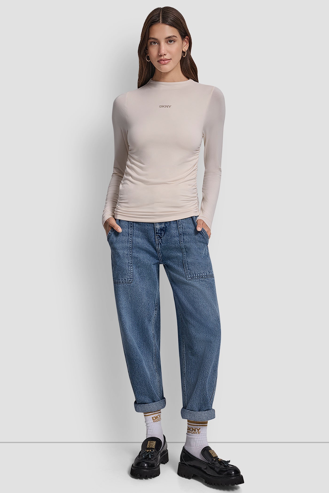 SIDE RUCHED HIGH NECK LONG SLEEVE TOP WITH RHINESTONE