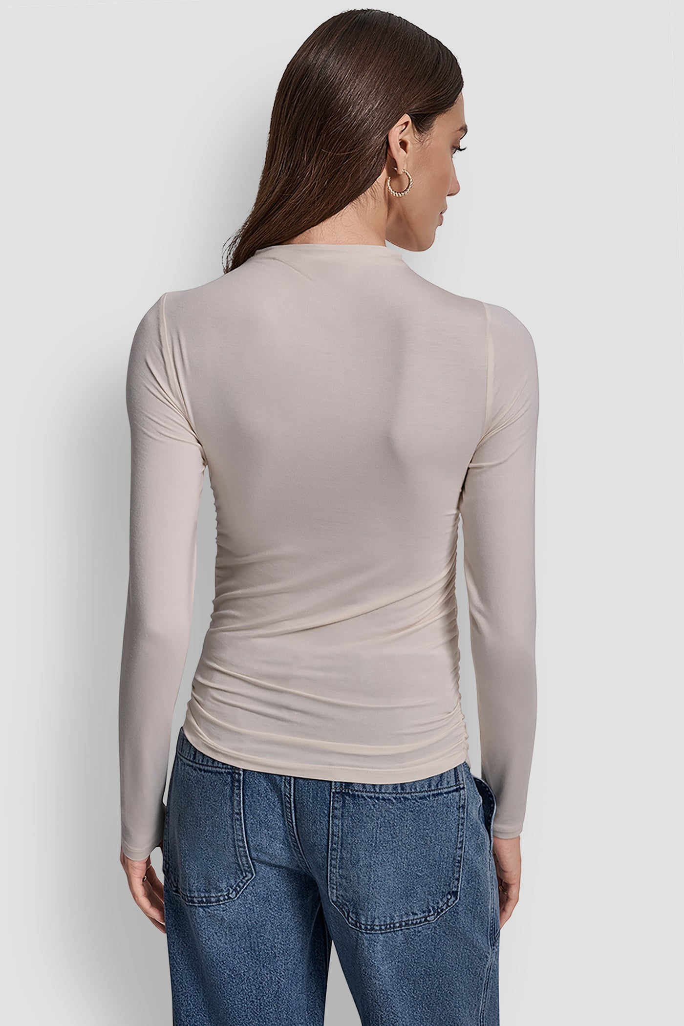 SIDE RUCHED HIGH NECK LONG SLEEVE TOP WITH RHINESTONE