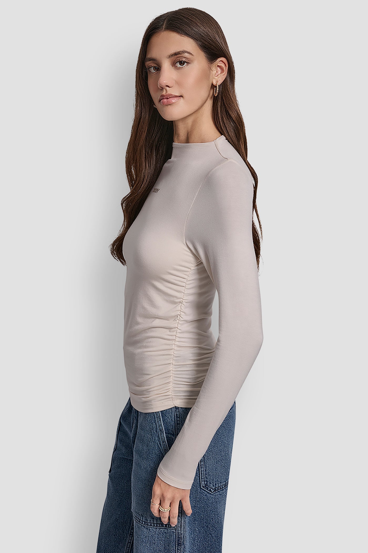 SIDE RUCHED HIGH NECK LONG SLEEVE TOP WITH RHINESTONE
