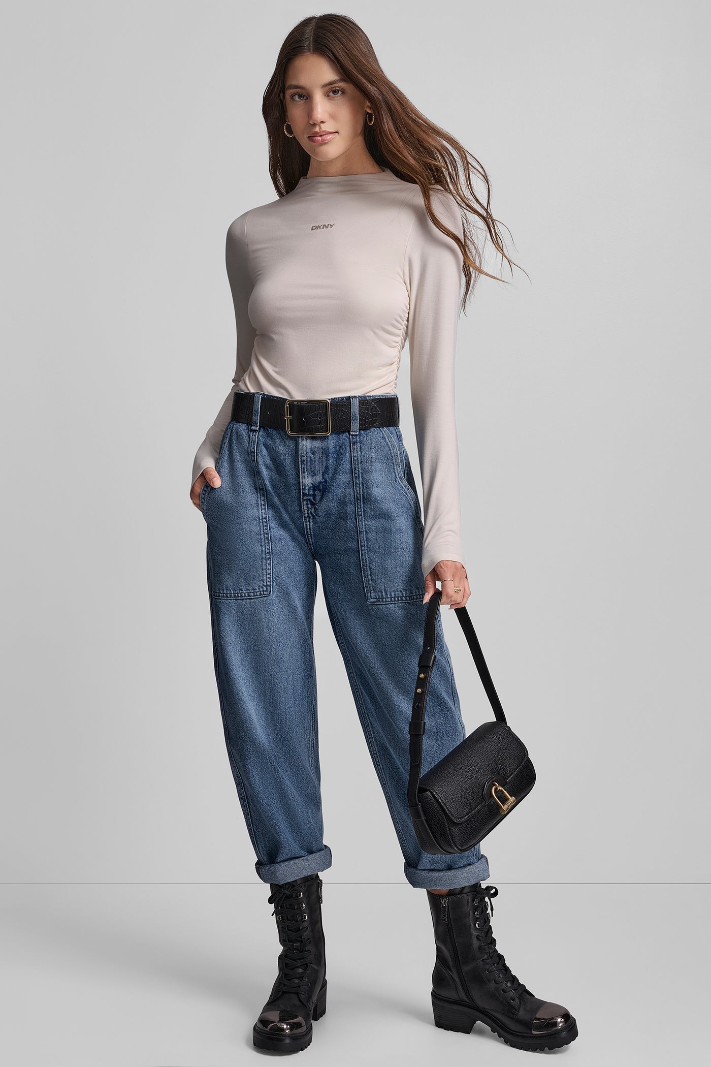 SIDE RUCHED HIGH NECK LONG SLEEVE TOP WITH RHINESTONE