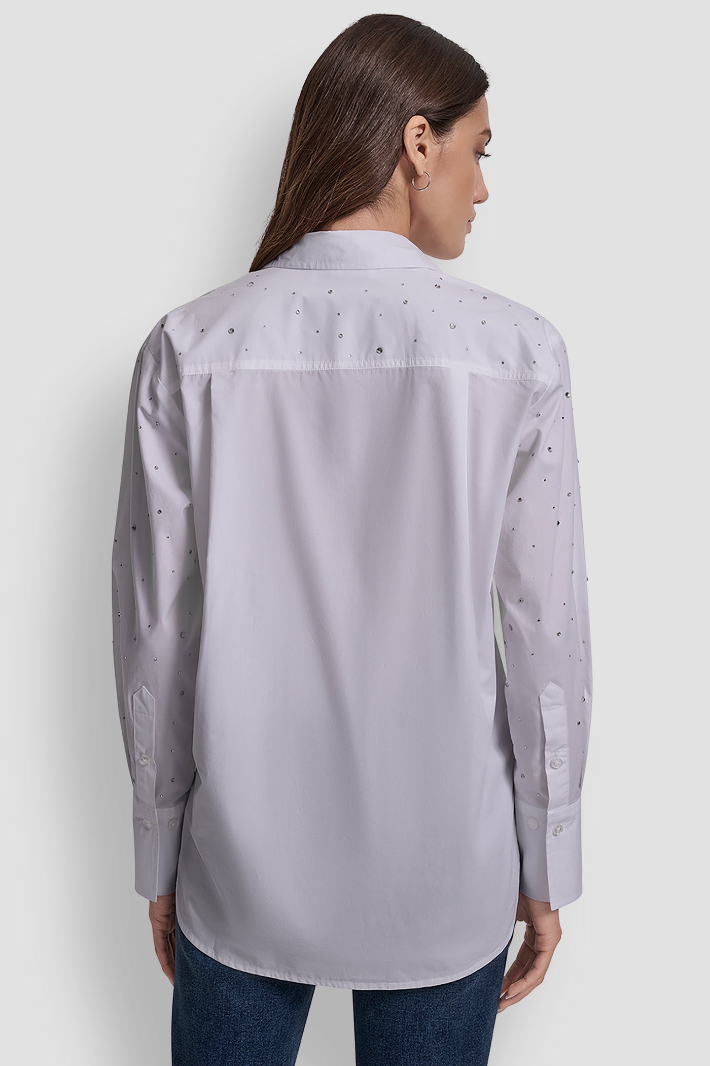 LONG SLEEVE POPLIN BUTTON FRONT SHIRT WITH RHINESTONE