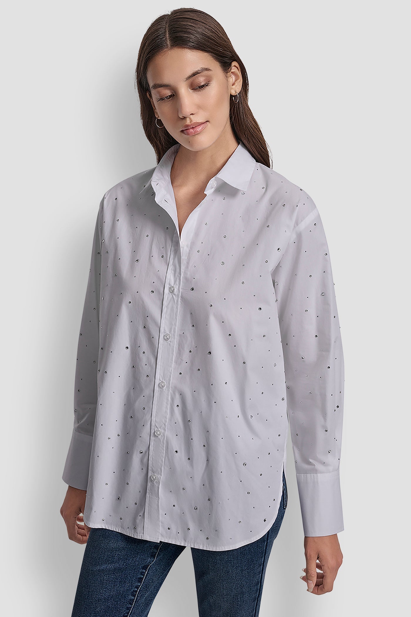 LONG SLEEVE POPLIN BUTTON FRONT SHIRT WITH RHINESTONE