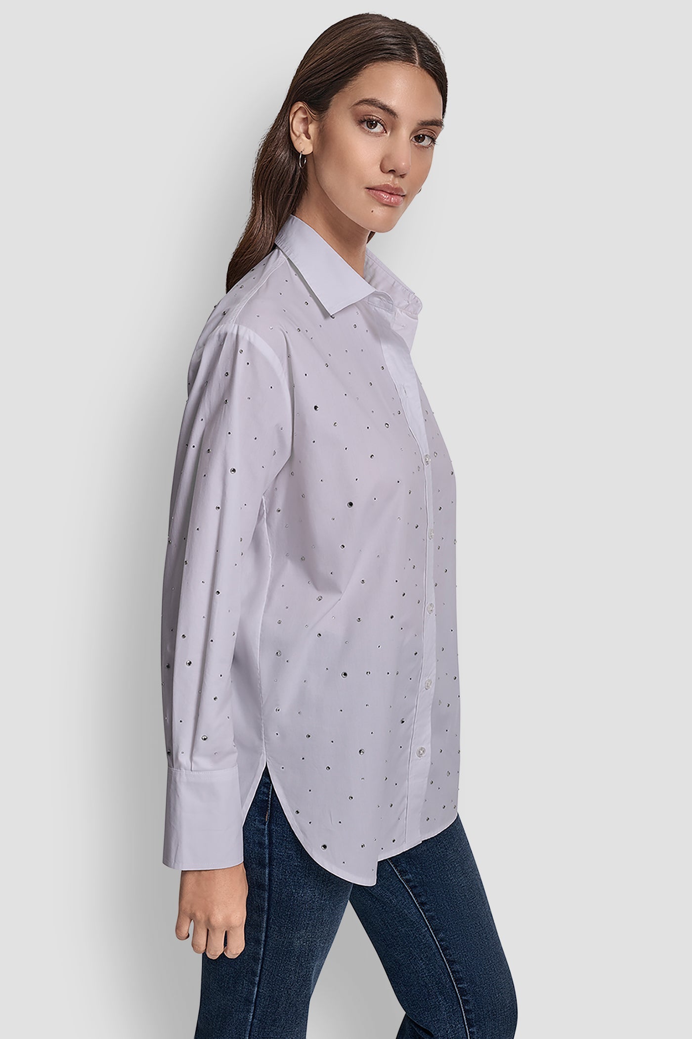 LONG SLEEVE POPLIN BUTTON FRONT SHIRT WITH RHINESTONE