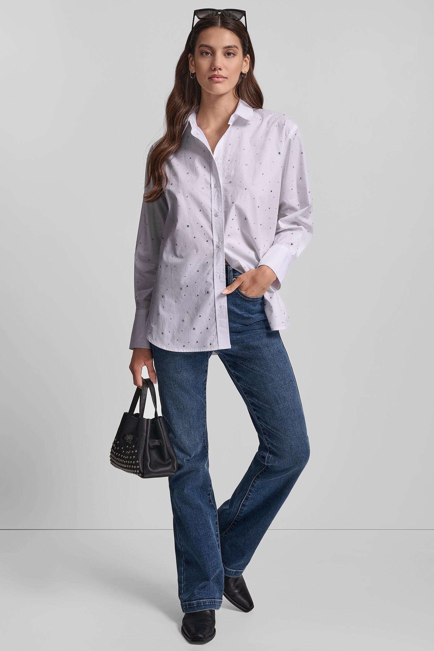 LONG SLEEVE POPLIN BUTTON FRONT SHIRT WITH RHINESTONE