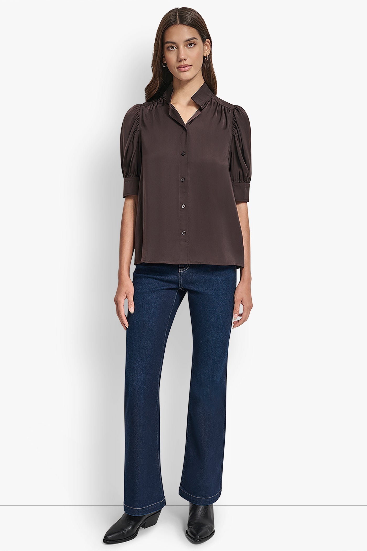 PUFF SLEEVE COLLARLESS SHIRT