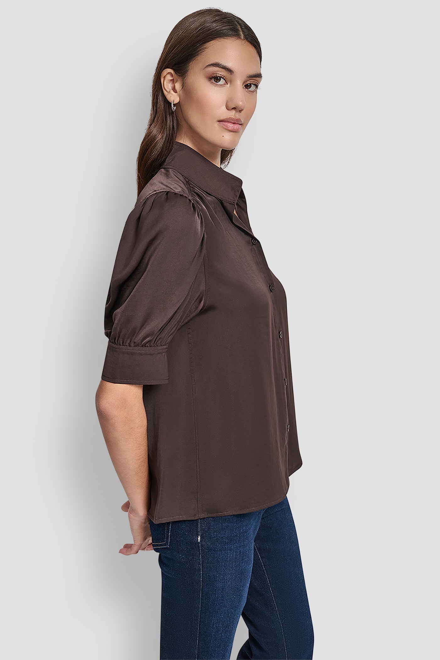 PUFF SLEEVE COLLARLESS SHIRT