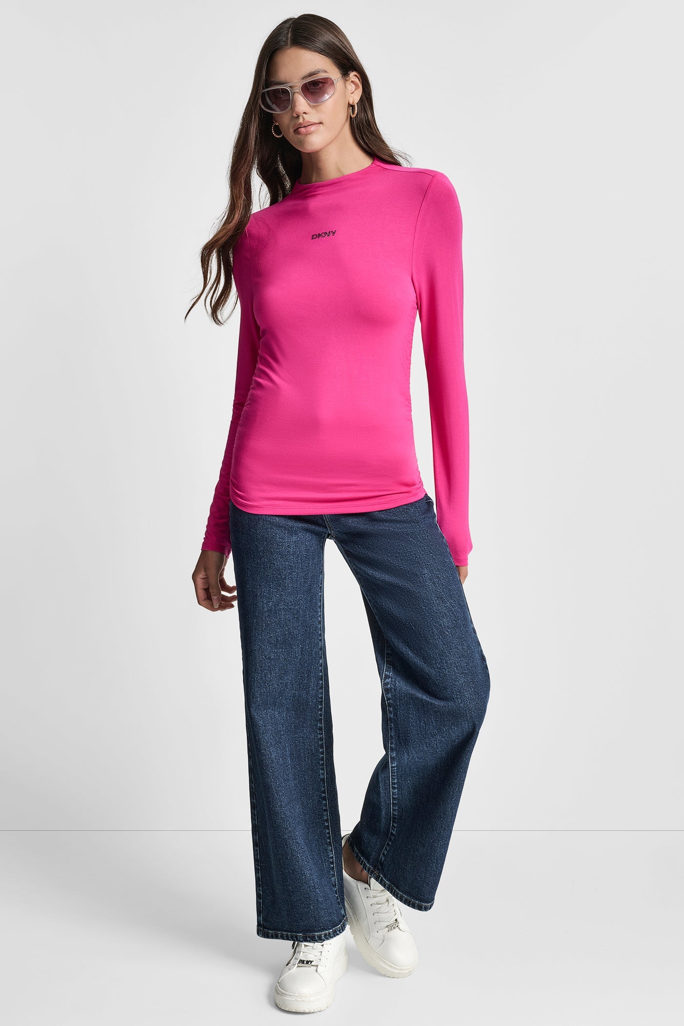 SIDE RUCHED HIGH NECK LONG SLEEVE TOP WITH RHINESTONE